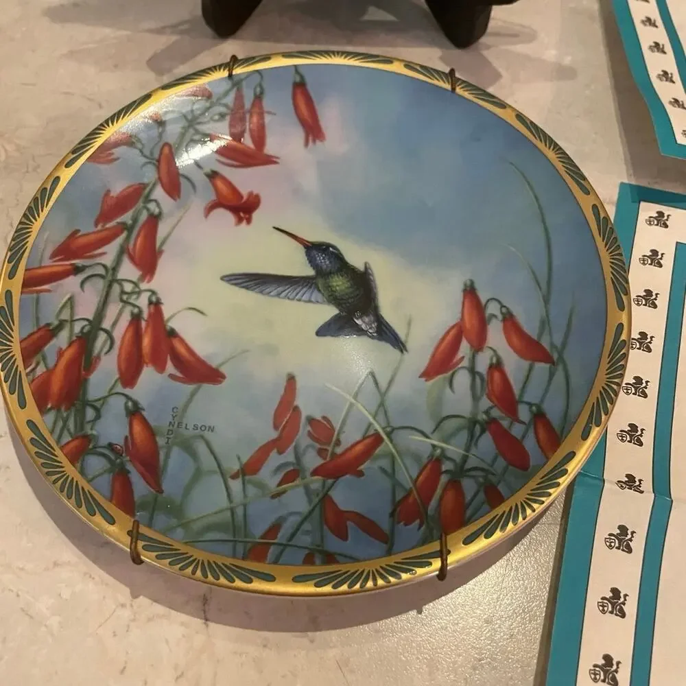Vintage Picard plates signed hummingbird plates by wildlife artist, Cindy Nelson